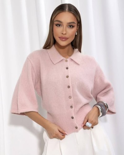 Sweterek szeroki rękaw 3/4 z kołnierzykiem na guziczki Yarn 